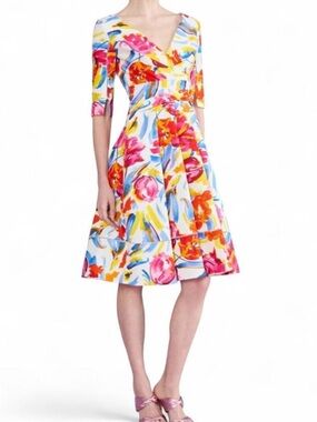 Talbot Runhof Painter Blossoms Piqué Draped Dress Multi Floral Size 6 NWOT
